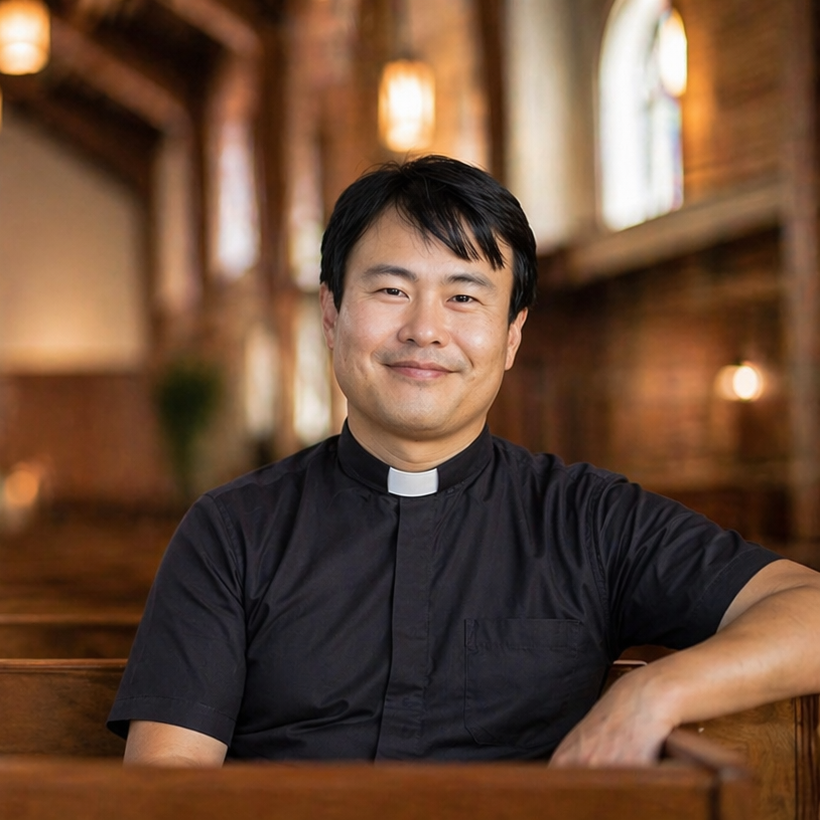Pastor Young sitting in a church pew with stained-glass windows and a wooden cross in the background