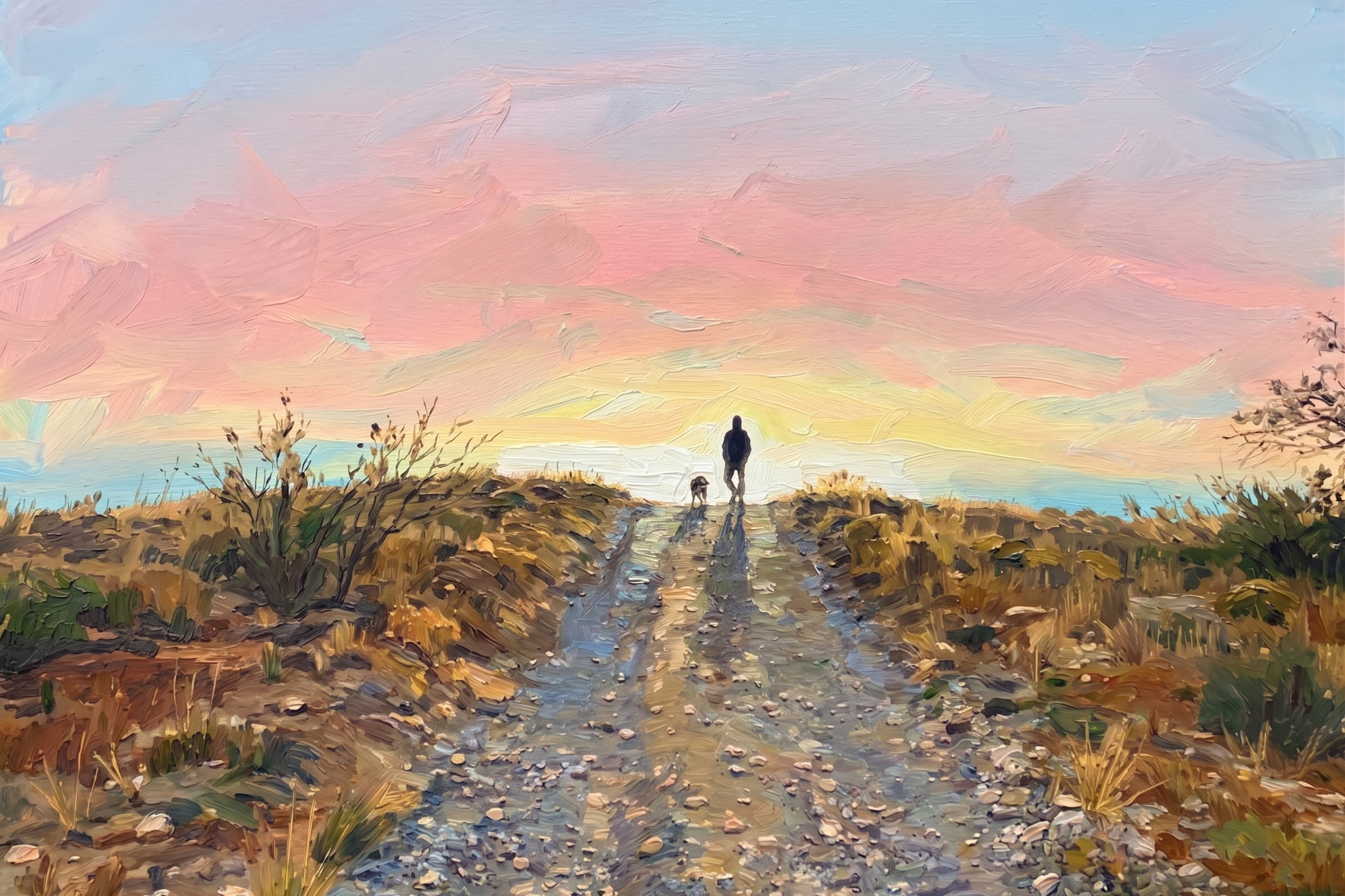 Young walking with Kermit toward a sunrise on a desert road — Life Journey