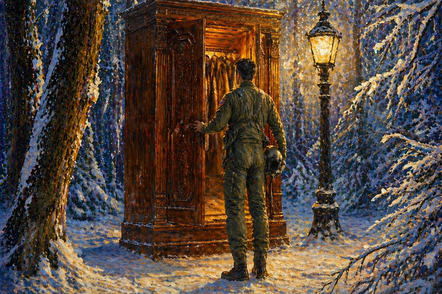 A pilot at a glowing wardrobe in a snowy forest — Faith Journey
