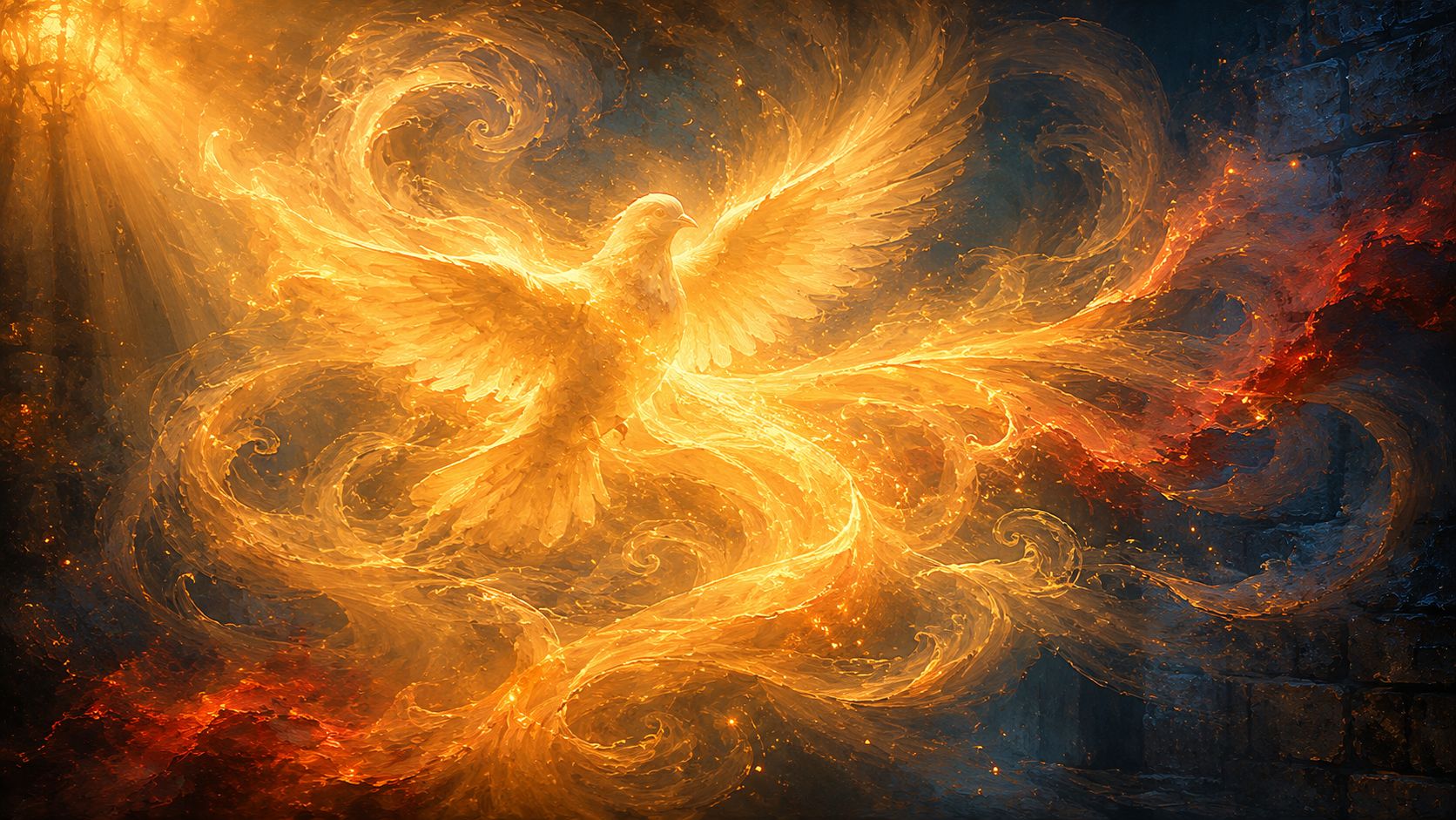 Warm golden-amber light caught in slow swirling motion, like breath made visible, with the faintest suggestion of a dove appearing within and faint Pentecost red bleeding at the edges
