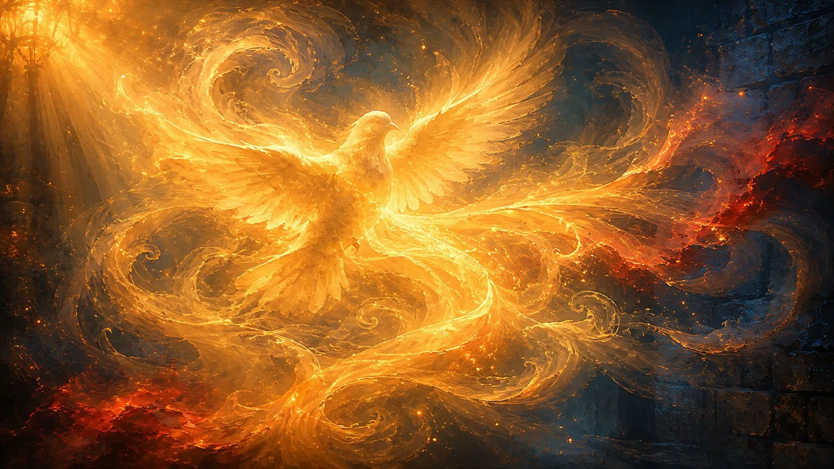 Warm golden-amber light caught in slow swirling motion, like breath made visible, with the faintest suggestion of a dove appearing within and faint Pentecost red bleeding at the edges