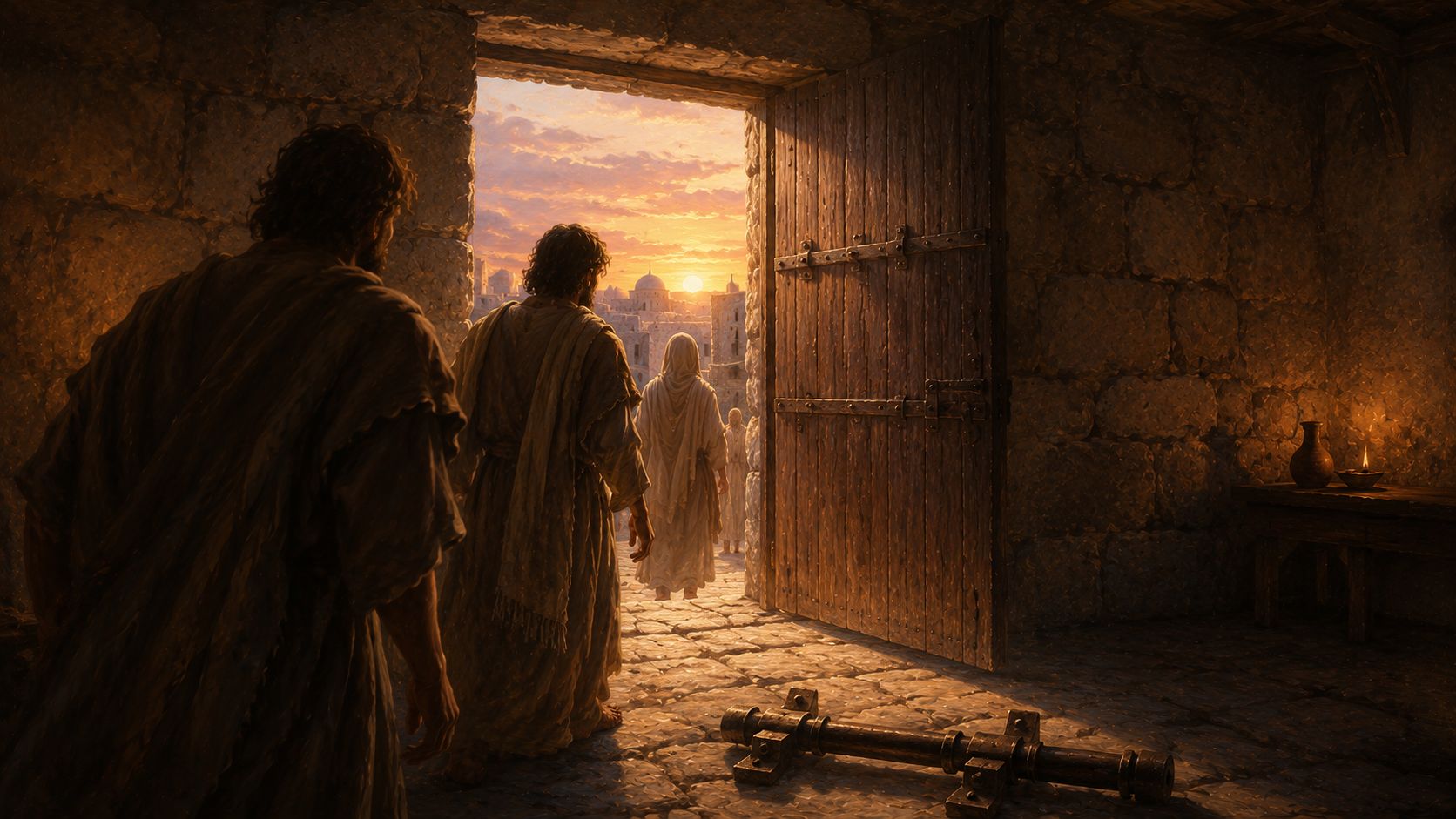 The same wooden Jerusalem door, now viewed from inside the room, beginning to swing open as the first rose-gold light of dawn floods in; the iron crossbar lies discarded on the stone floor; figures step toward the threshold