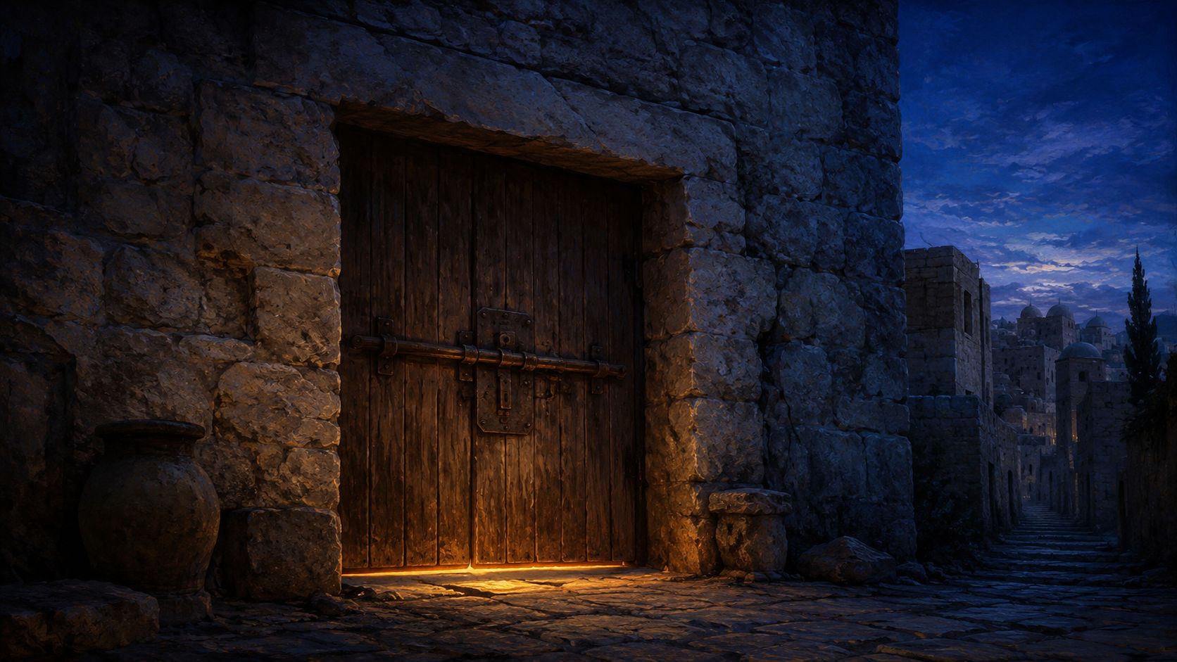 A heavy bolted wooden door in a narrow Jerusalem alley at dusk, with a thin band of warm amber lamplight escaping from beneath the threshold &mdash; the only warmth in a cool blue-gray scene