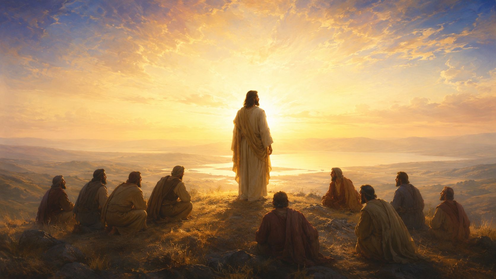 The eleven disciples gathered on a Galilean mountaintop, some worshipping and some wavering, as the risen Christ stands before them