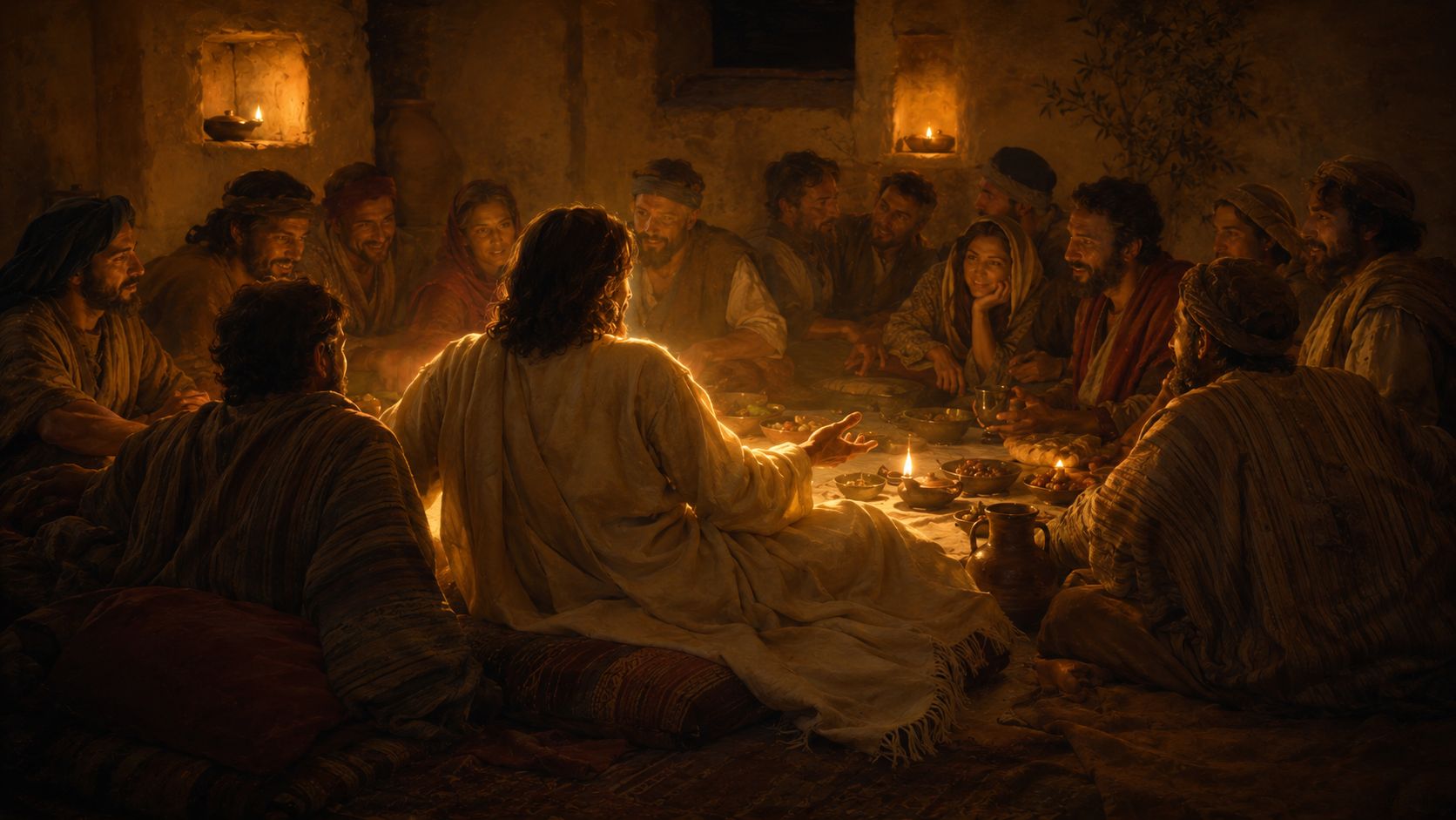 Jesus reclining at a crowded table sharing a meal with tax collectors and sinners