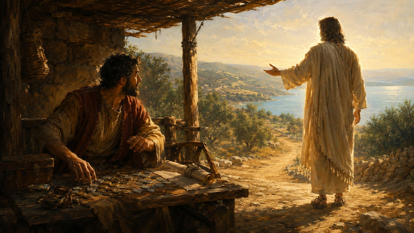 Jesus standing before Matthew at the tax toll booth, calling him to follow
