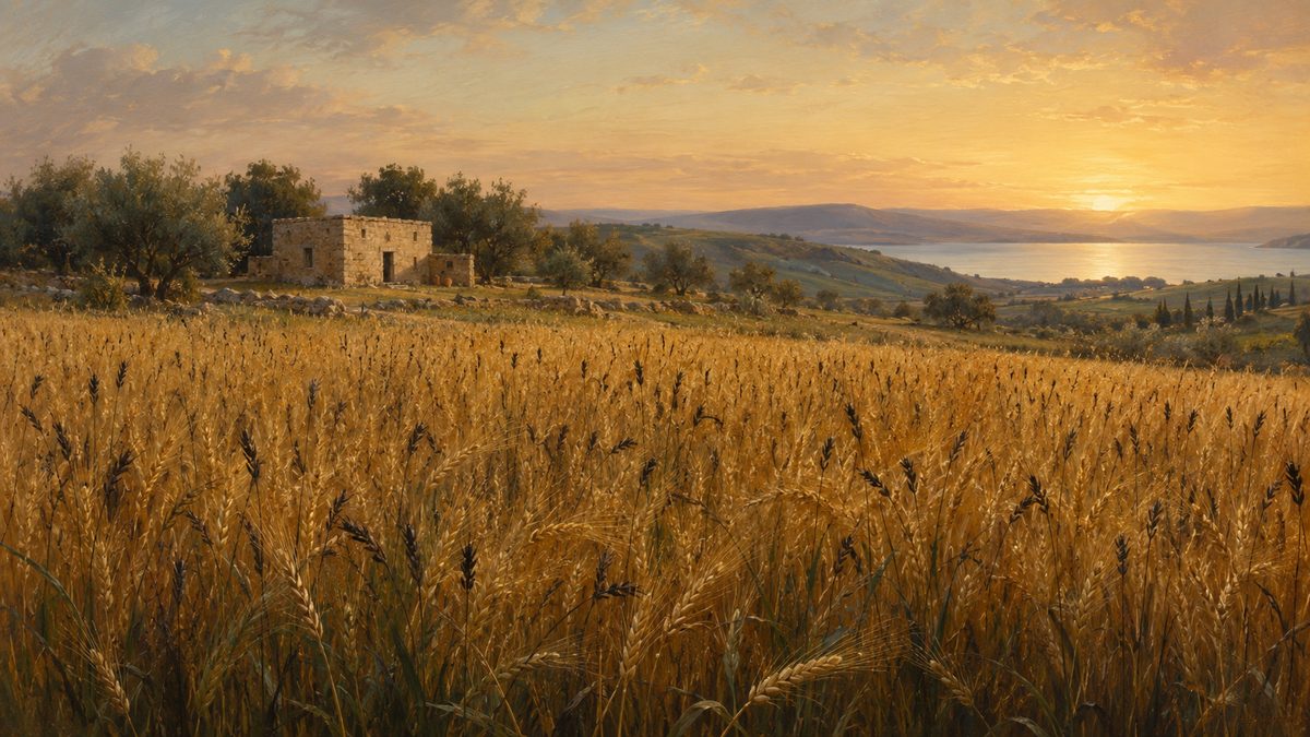 A broad Galilean wheat field at first light, golden grain woven through with thinner, darker stalks of darnel, a stone farmhouse and green hills beyond