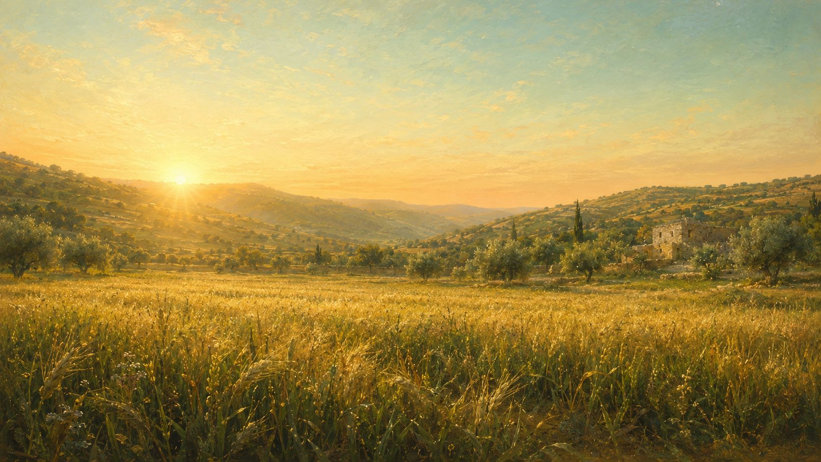 The same broad field at dawn, the grain green and gold and still, a gentle sunrise flooding the land with first light, no figure in the frame