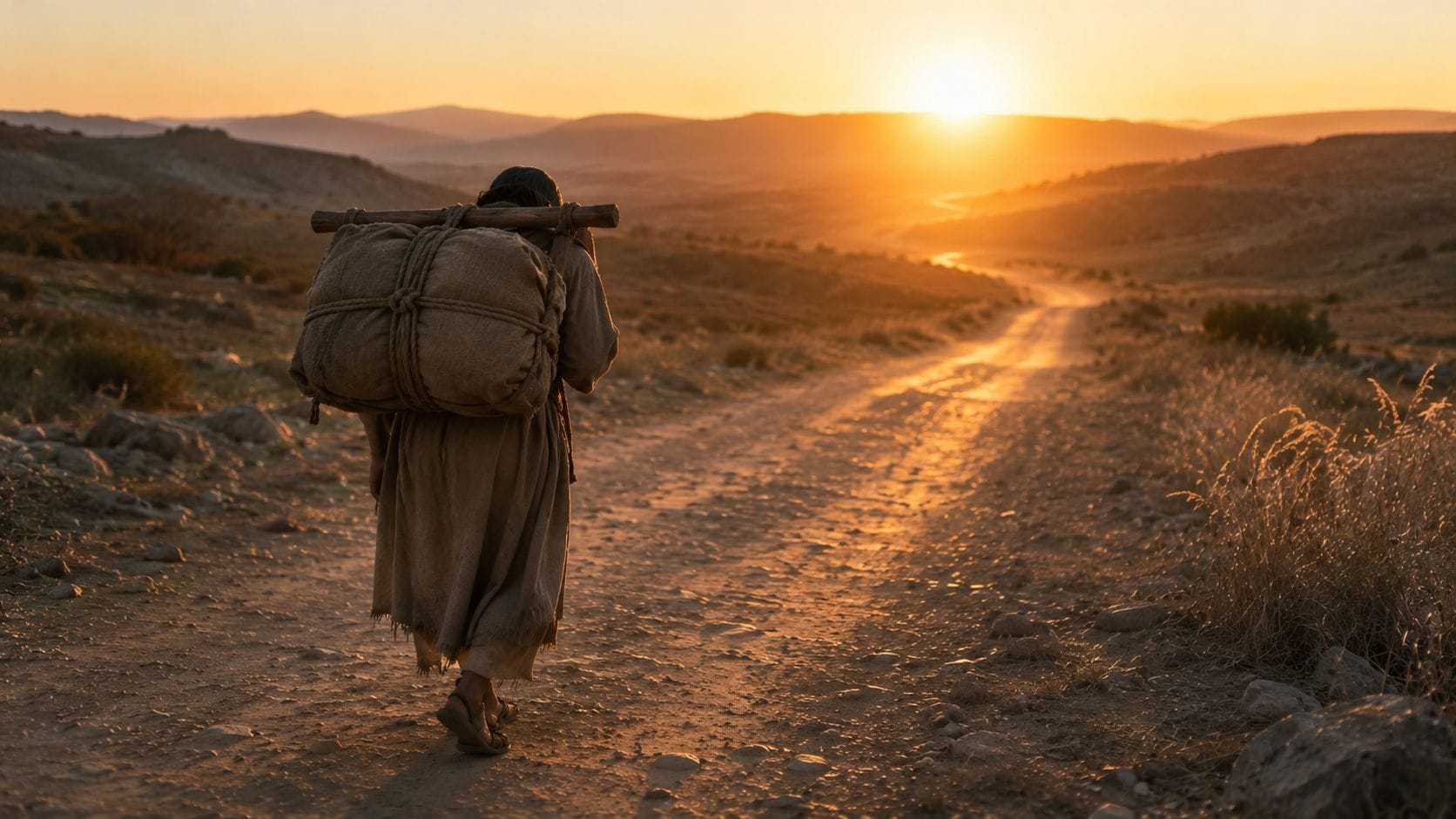A weary figure seen from behind, bowed under a heavy bundled load on a wooden frame, walking a dusty road toward a low rising sun