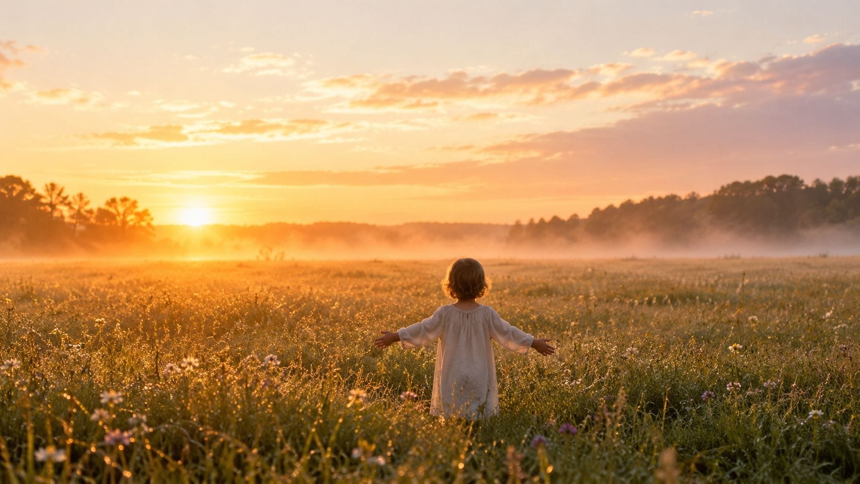 A small child seen from behind standing in a vast sunlit meadow at dawn, arms slightly open toward the rising light