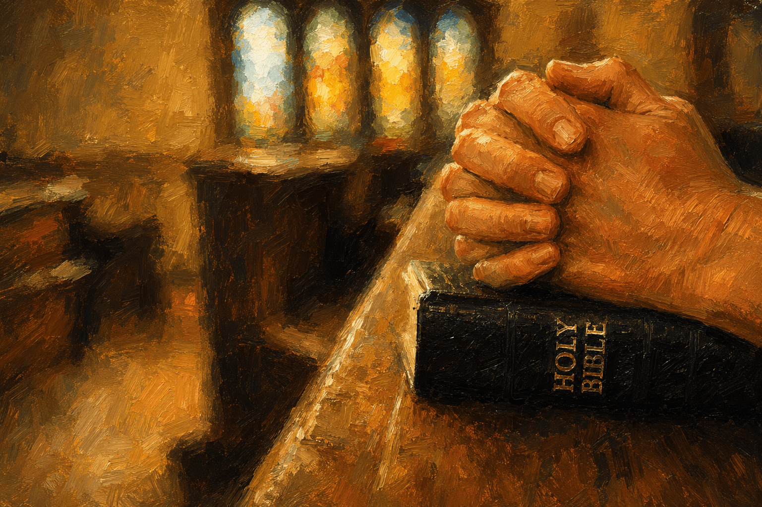 Painterly artwork of hands clasped in prayer over an open Bible