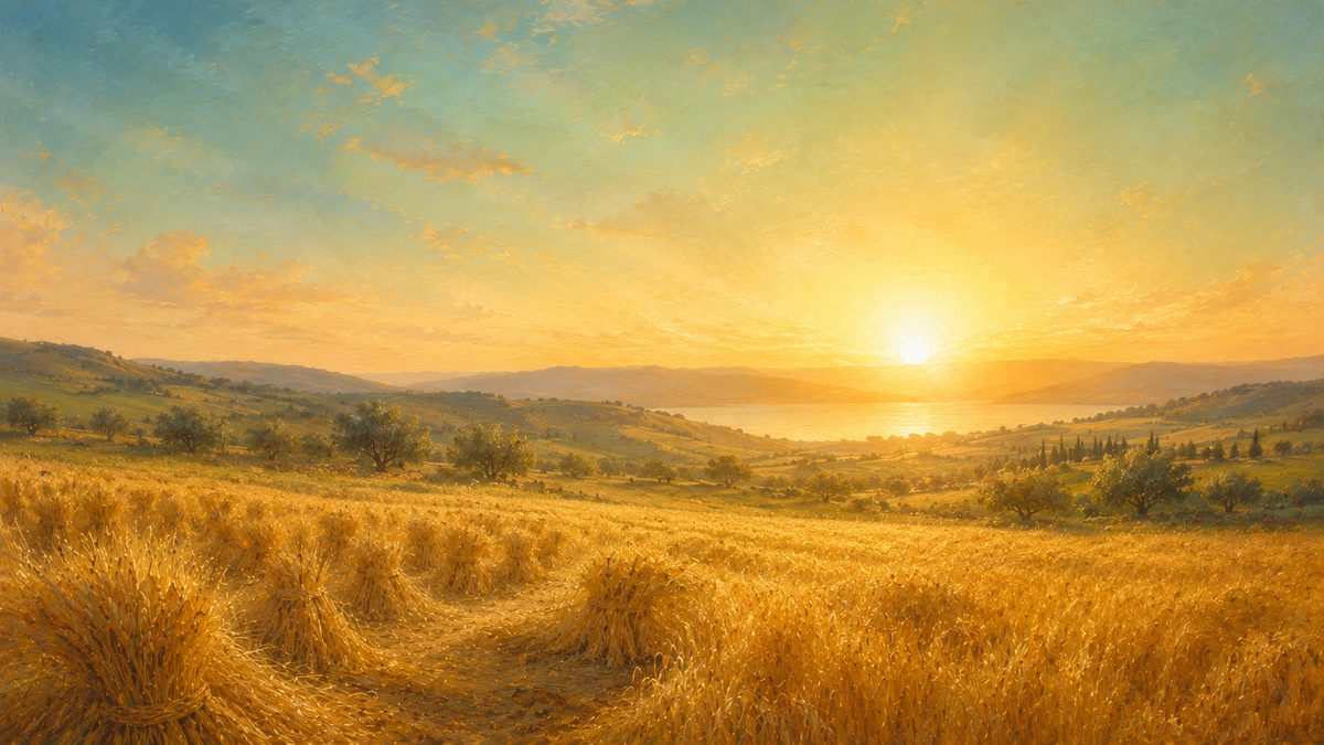 The same wheat field at harvest morning, the grain gathered and golden, a radiant sunrise breaking full over the horizon and flooding the field with light