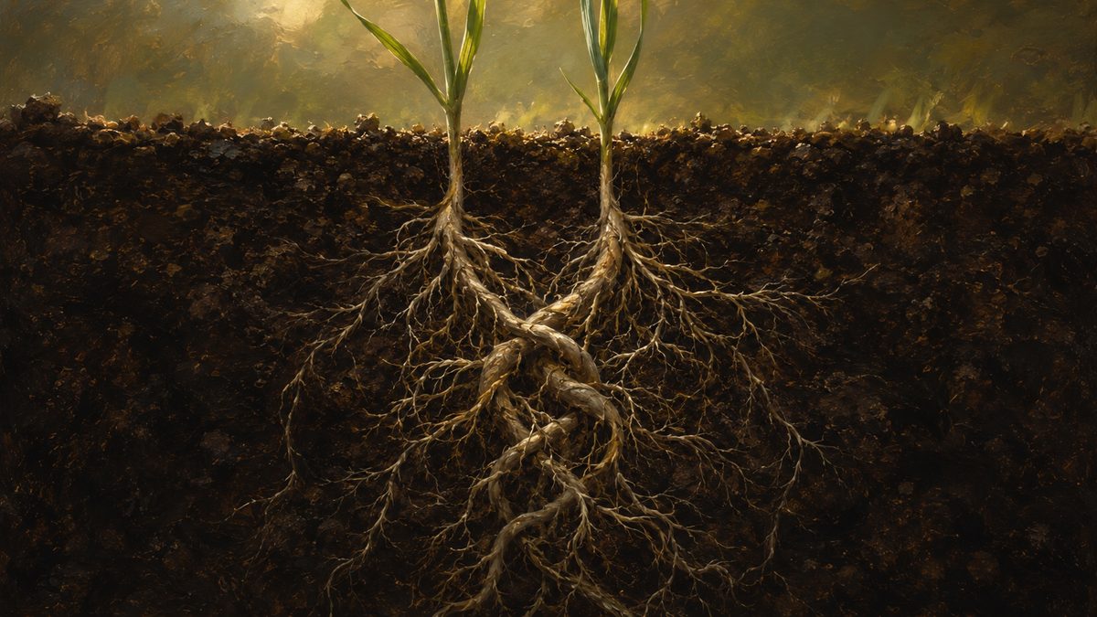A cross-section of dark farmland soil: two nearly identical green blades rise into the light while their pale roots wind tightly around one another in the earth below