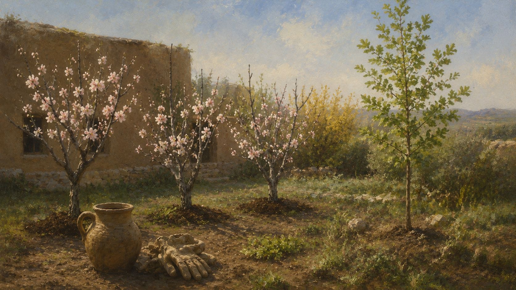 A quiet garden with three young trees blossoming from bare winter branches, a taller volunteer oak to one side, and a watering vessel and gloves resting on the earth