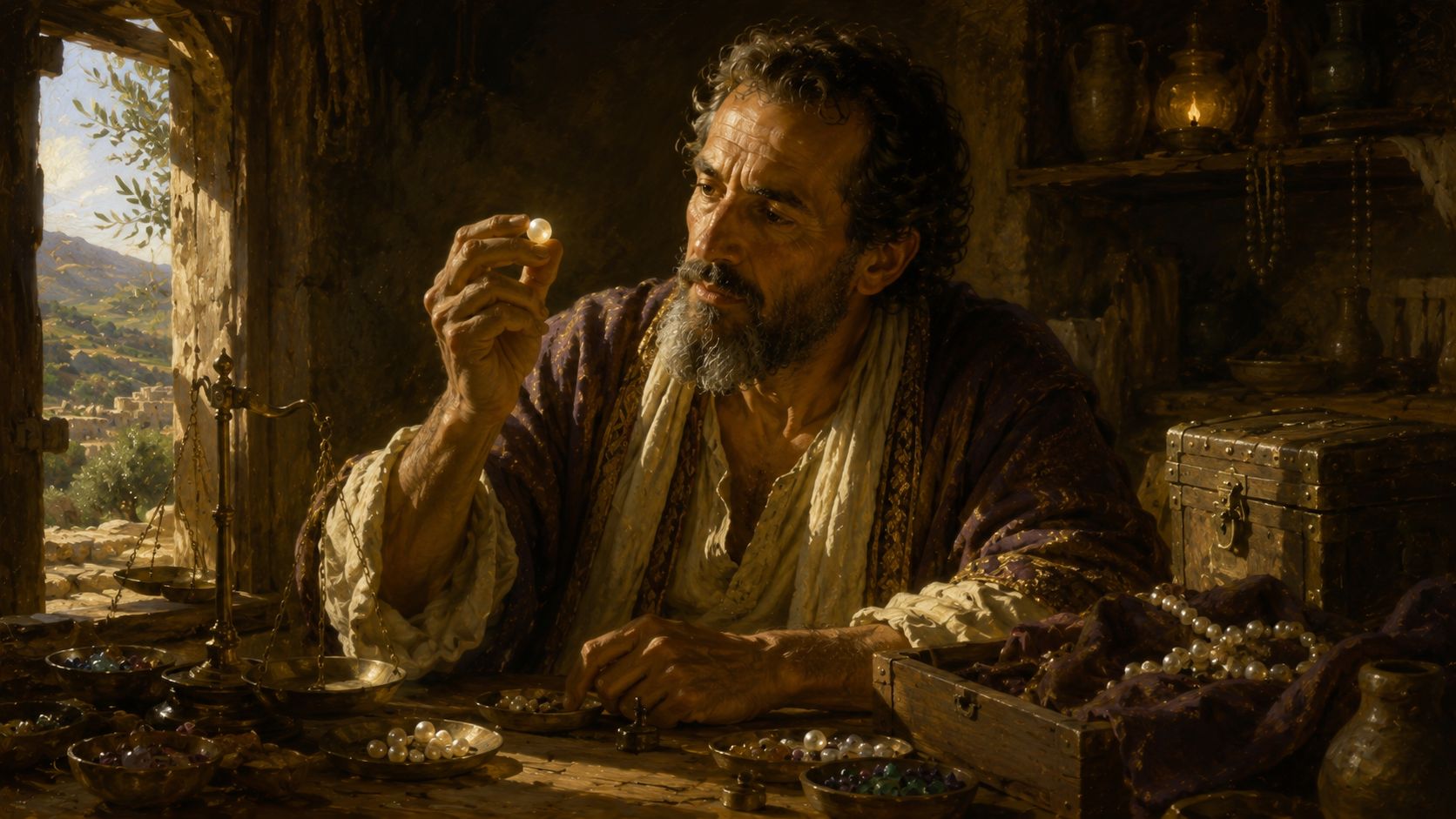 A seasoned first-century merchant in a warm lamplit shop, holding a single luminous pearl up to the light between finger and thumb, his scattered lesser gems and scales falling into soft shadow