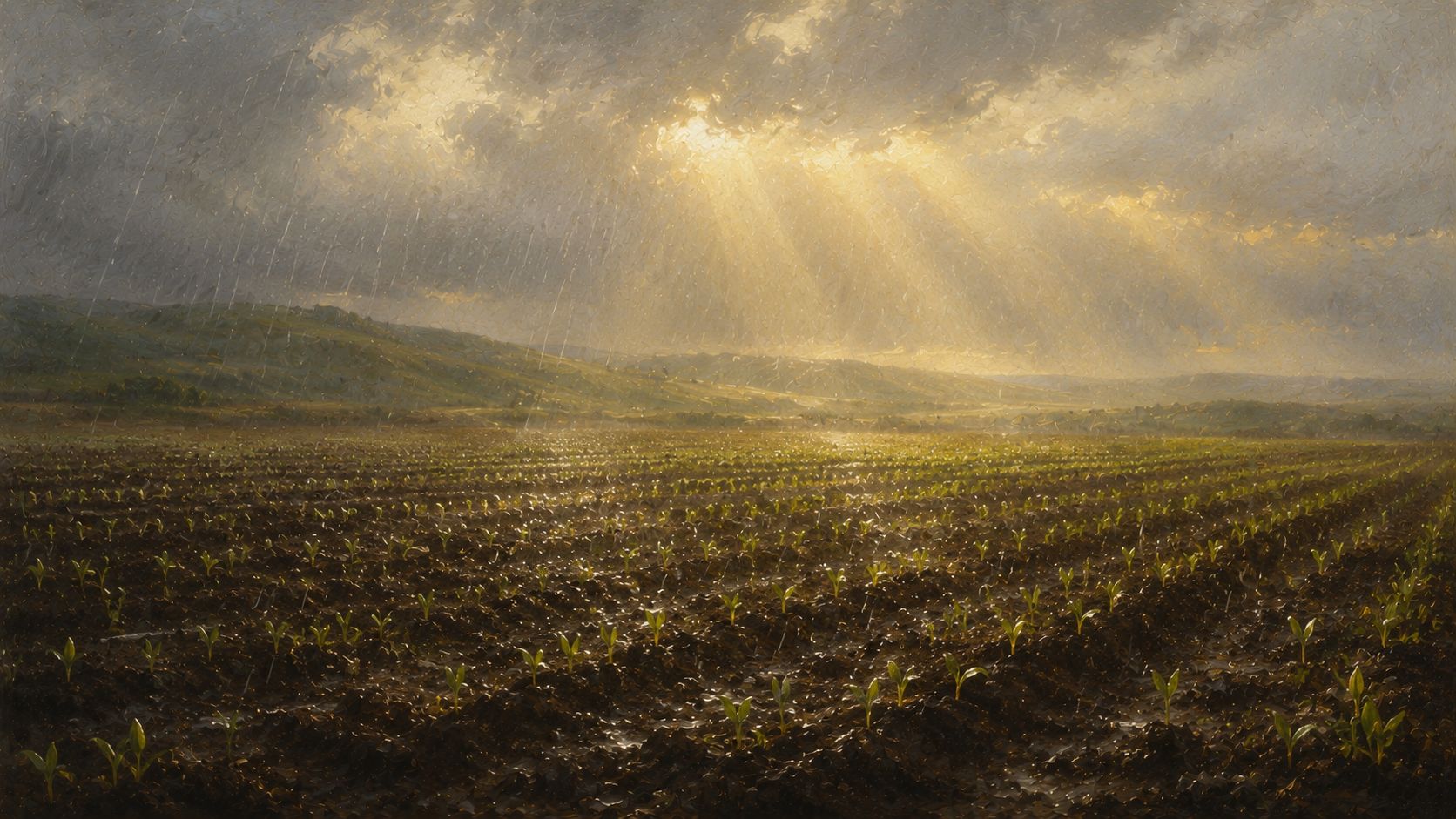 Rain falling on a freshly plowed field as sunlight breaks through the clouds, young green shoots rising from the dark earth