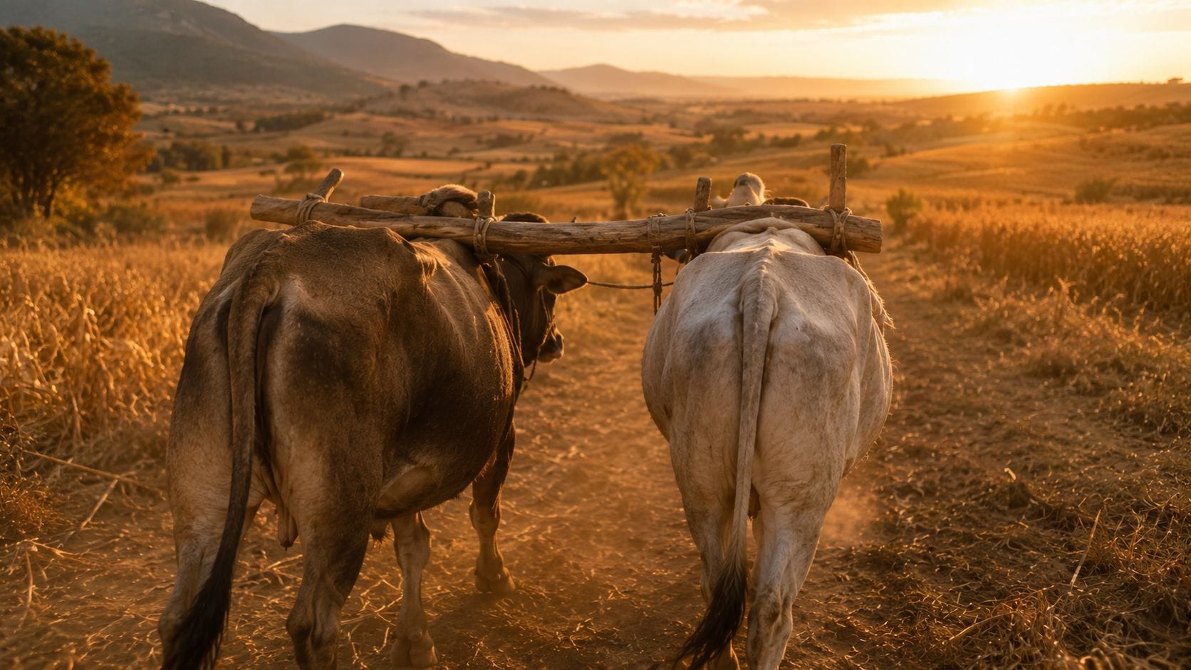 Two oxen yoked side by side under a single wooden yoke, walking together through a golden field toward a low sun