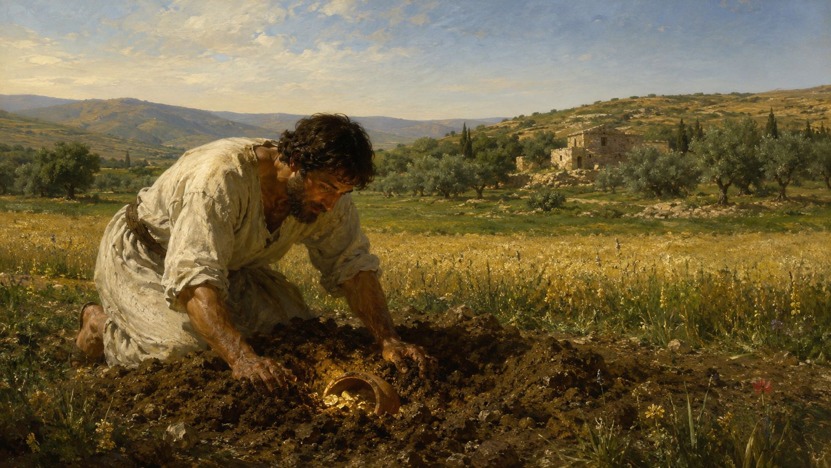 A first-century laborer kneeling in a freshly turned patch of a broad Galilean field at mid-morning, a low glint of buried gold beneath his hands, green hills and olive trees beyond