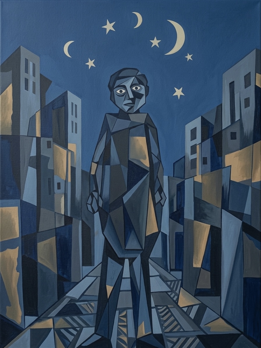 Picasso Blue Period style: a solitary hunched figure walks through dark blue Jerusalem streets at night, face fragmented between profile and frontal view, one eye visible in melancholic downcast