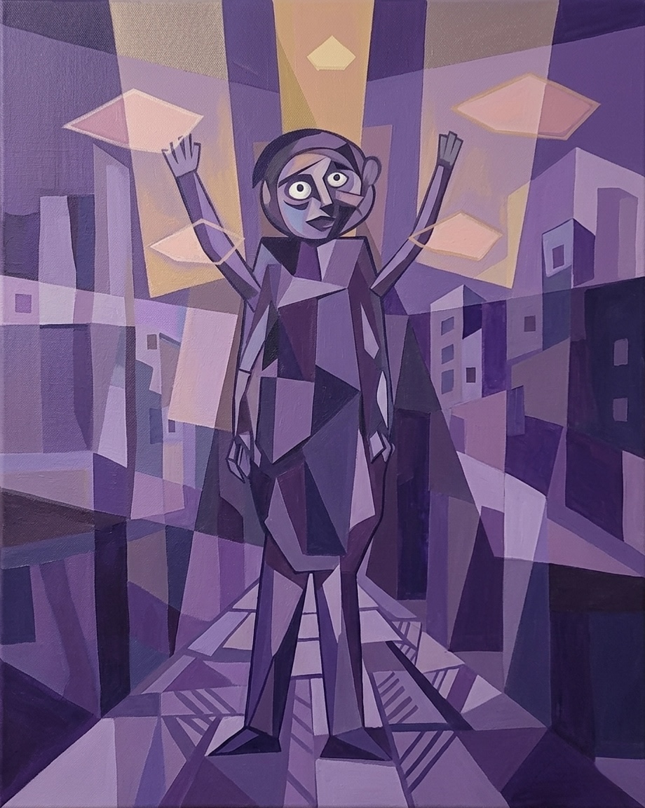 Picasso Cubist style: a figure gazes upward with fragmented face as golden light beams and Spirit-wind descend from above through fractured purple planes, hands reaching toward the light