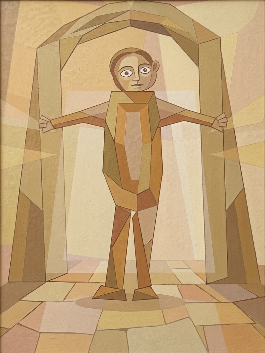 Picasso Cubist style: a figure steps through a bold geometric golden archway with arms open wide, face more whole and resolved, warm dawn light radiating outward in angular beams