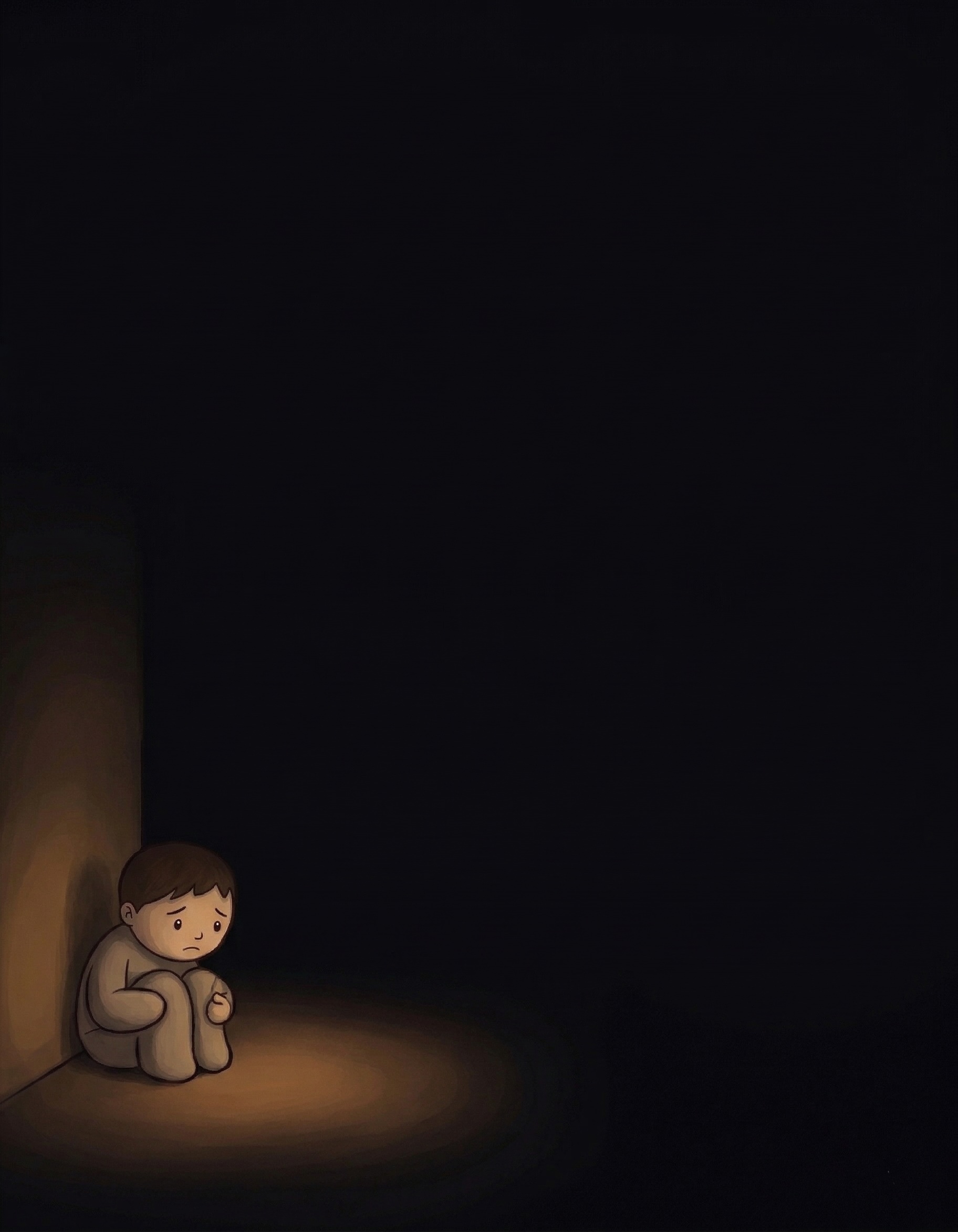 A child crouched in the corner of a dark room, a warm glow touching the child’s face from no visible source
