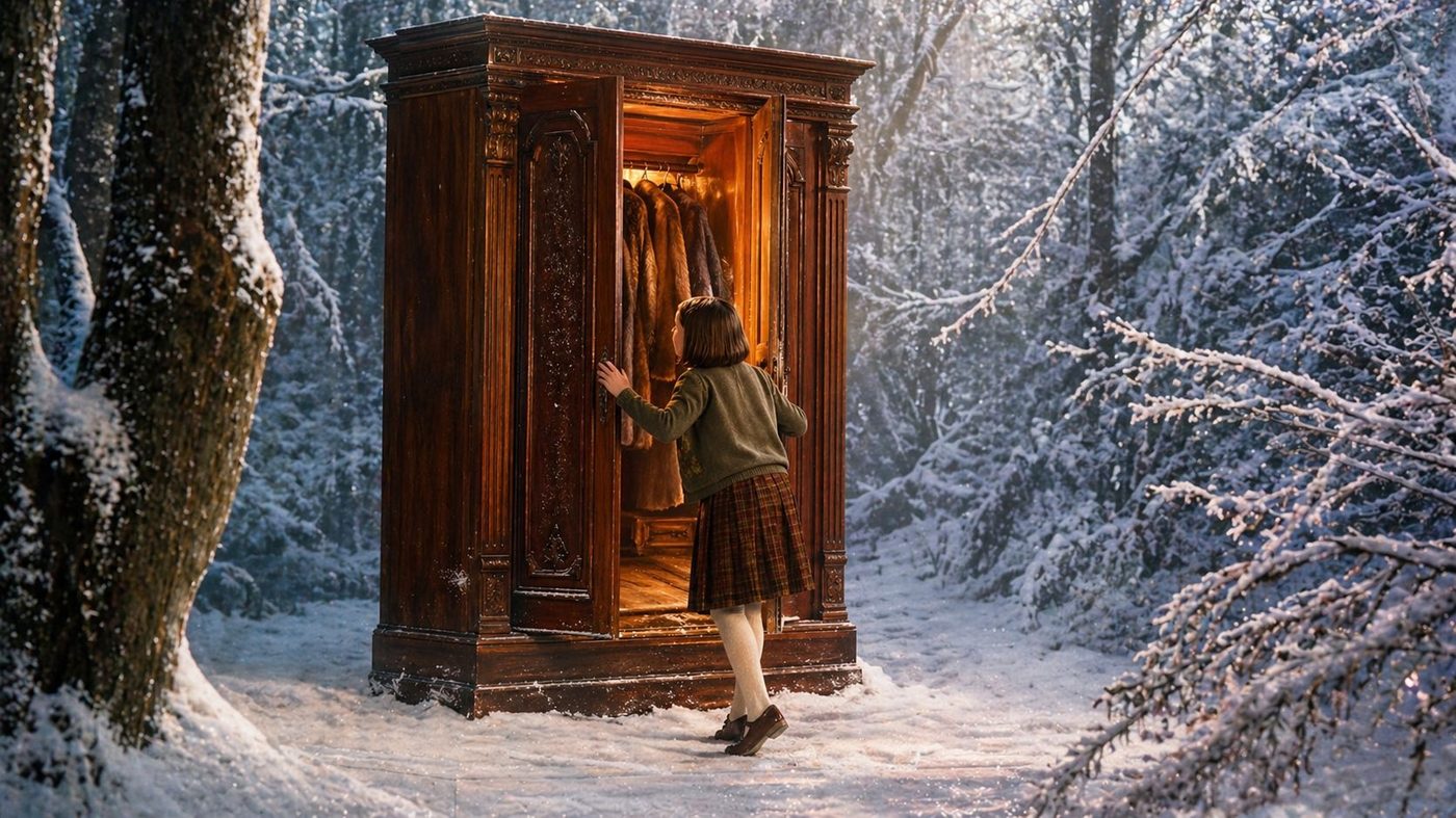 An old wooden wardrobe with the door cracked open, fur coats hanging inside, snow and pine glowing softly behind