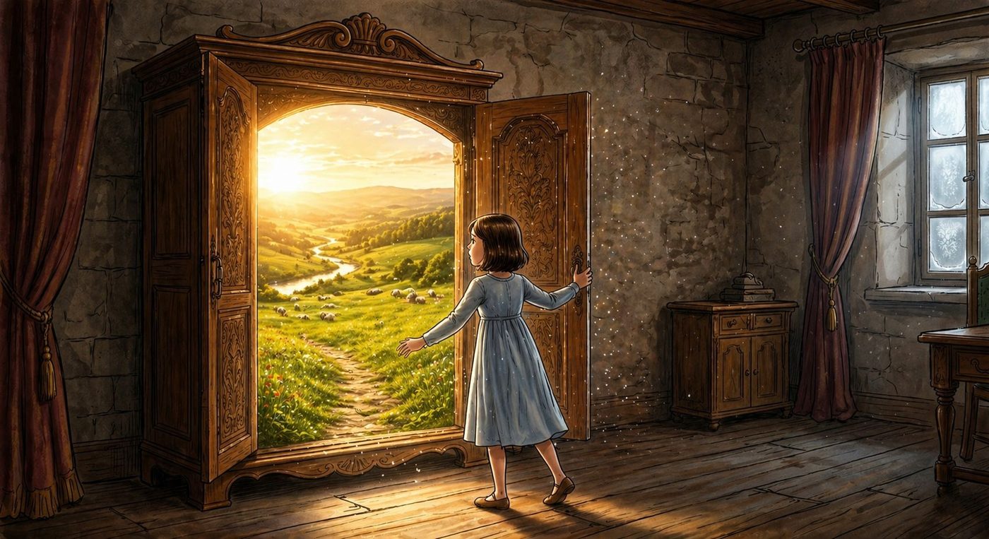 A girl gazing through an open wardrobe into a sunlit pasture with sheep grazing in the valley beyond