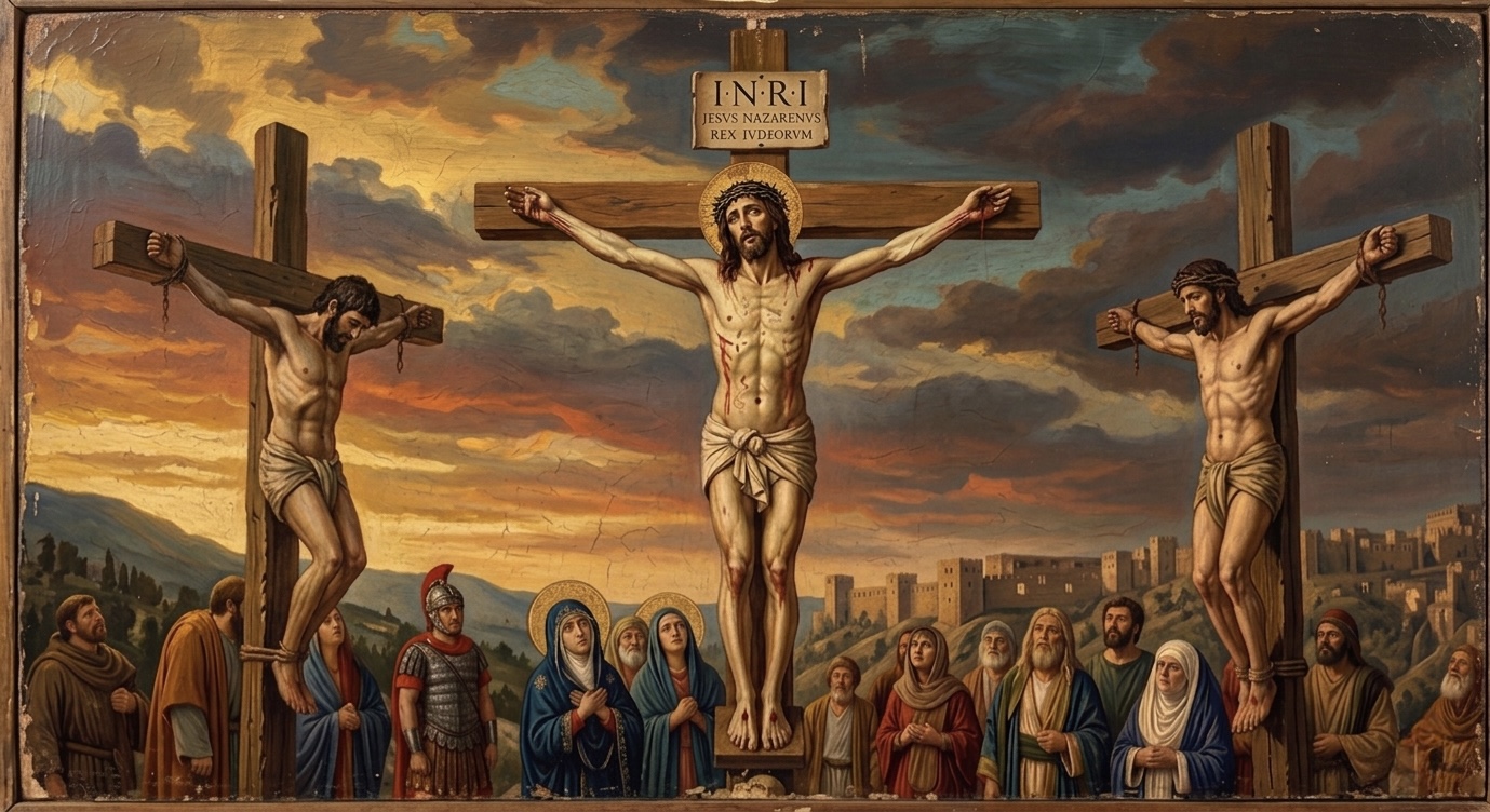A classical oil painting of the crucifixion. Jesus hangs on the center cross beneath the INRI inscription, crowned with thorns, arms outstretched, a golden halo behind his head. Two criminals are crucified on either side. Below, mourners gather — Mary in blue, the beloved disciple, a Roman centurion, grieving women. The sky burns with amber and storm-dark clouds over the walls of Jerusalem. Cracks in the paint surface give the image the weight of centuries.
