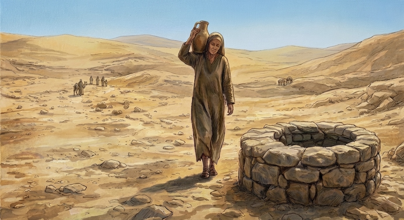 Under a blazing noonday sun, a solitary woman walks across parched desert earth toward a distant stone well, carrying an empty clay jar on her shoulder, alone at the hour of greatest heat.