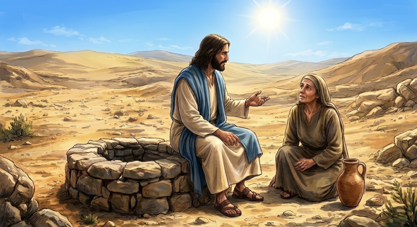 At the well, Jesus sits speaking with the Samaritan woman, asking her for a drink of water — an unexpected encounter that crosses every social boundary.