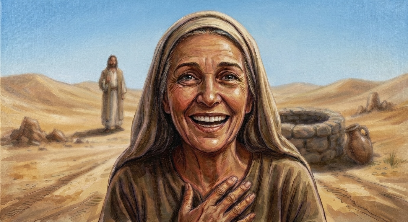 The woman, radiant with joy, turns from the well to rush back to her village, inviting everyone to come and see the one who told her everything she ever did.