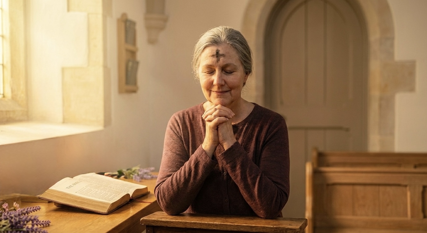 A woman kneels at a small prayer desk in a quiet chapel, hands clasped, eyes closed, an ash cross on her forehead. An open Bible lies before her. Candles burn softly. Warm light streams through a stained glass window. Lavender rests on the desk. No audience. No performance. Just the intimacy of someone who has shut the door and met God in secret.