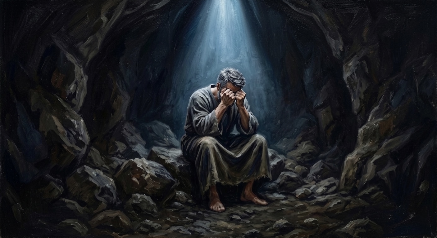 A solitary figure hunched in near-total darkness, hands pressed over eyes, alone against a cold stone wall. Shadow masses press in from every edge. The only light is a barely perceptible hint in the far upper corner, unreachable. The figure is sealed in blindness — not yet knowing that grace is on its way.