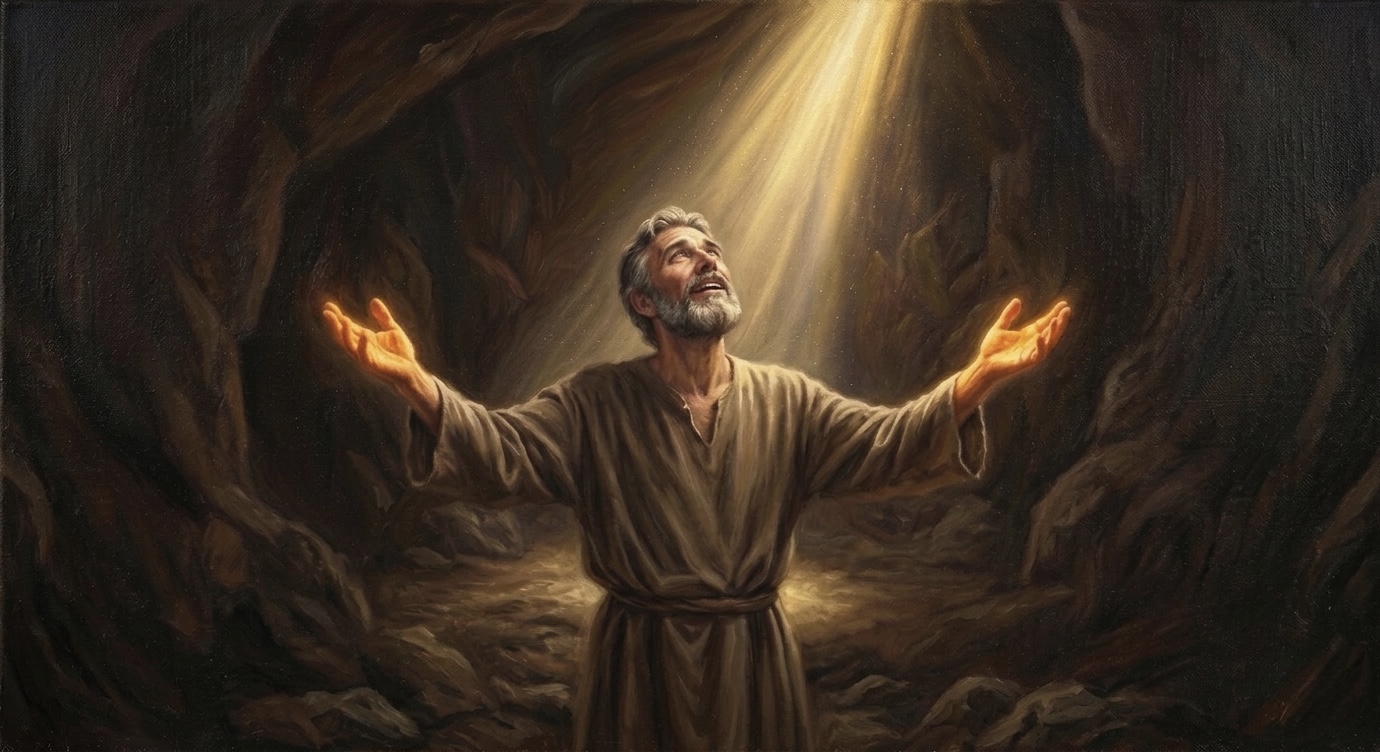 The same figure now stands with both arms spread wide horizontally, fingers splayed as if trying to feel and hold the visible world for the first time. Eyes wide open in amazement, mouth slightly agape. Around him, the world appears in soft dream-like impressions — distant trees, gentle hills, birds in flight, flowers in bloom. Moderate golden light falls from above. The horizontal spread of his awakening mirrors the breadth of the newly visible world.