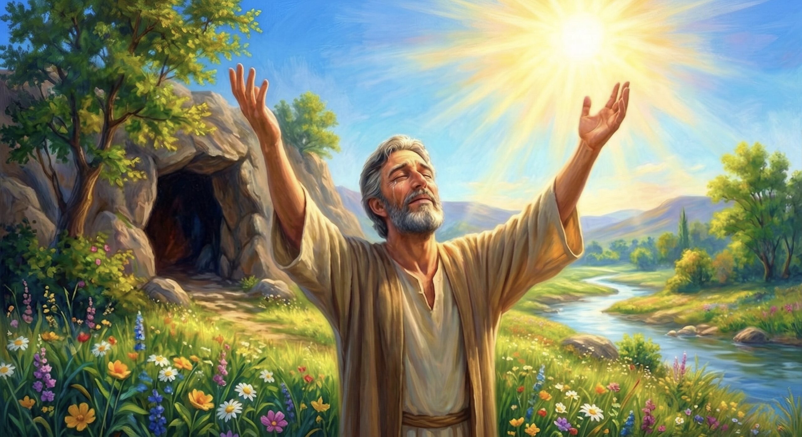 The figure now humbly kneels on the ground, head thrown far back, looking up into an overwhelming cascade of divine golden light. Both arms raised high overhead with fingers spread wide, embracing the abundant grace pouring down from above. Hundreds of bright sparkles and star-bursts shower upon him like holy rain. His entire form is saturated in golden rim light, tears of worship streaming down. The transformation is complete — from hands covering eyes in darkness, to arms spread wide in wonder, to arms lifted high in humble worship. The light has won entirely.