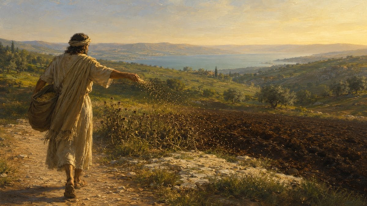 A sower in linen robes at the edge of a green Galilean field at dawn, seed scattering from his hand in the morning light