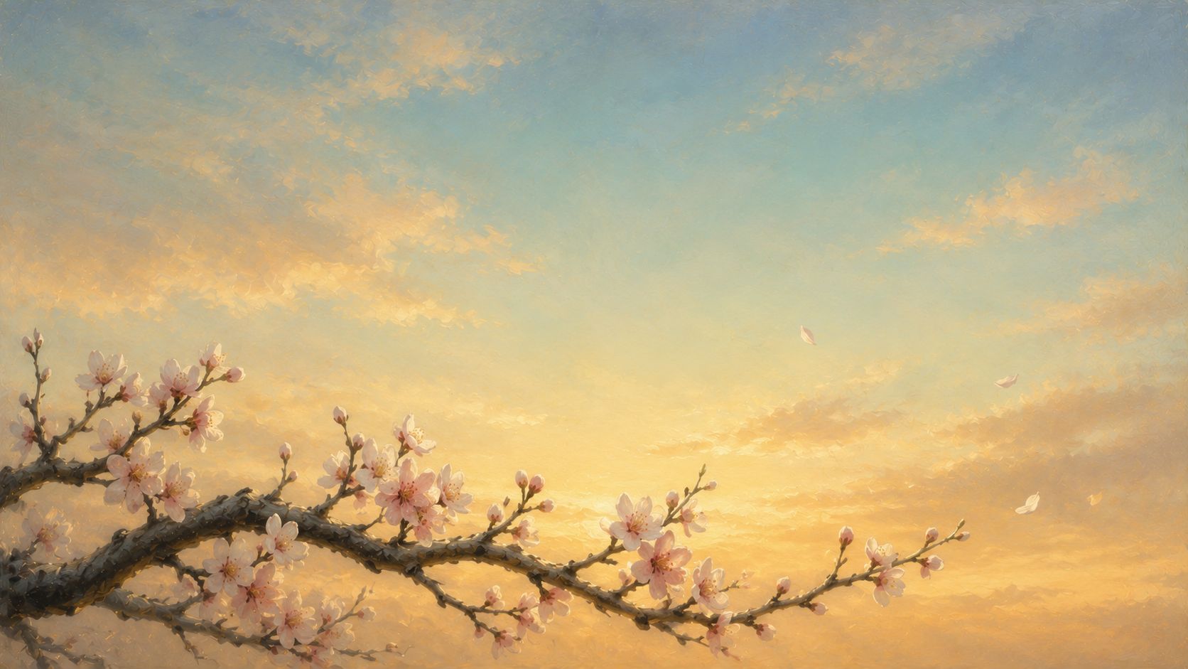 A single winter-bare branch breaking into pink-white blossom against a calm dawn sky