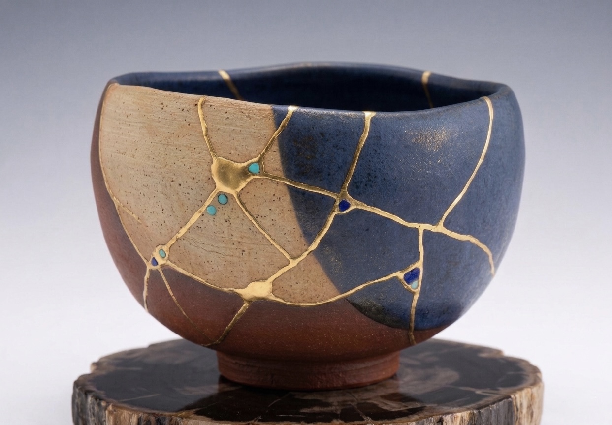 A Japanese kintsugi bowl — dark ceramic repaired with golden seams