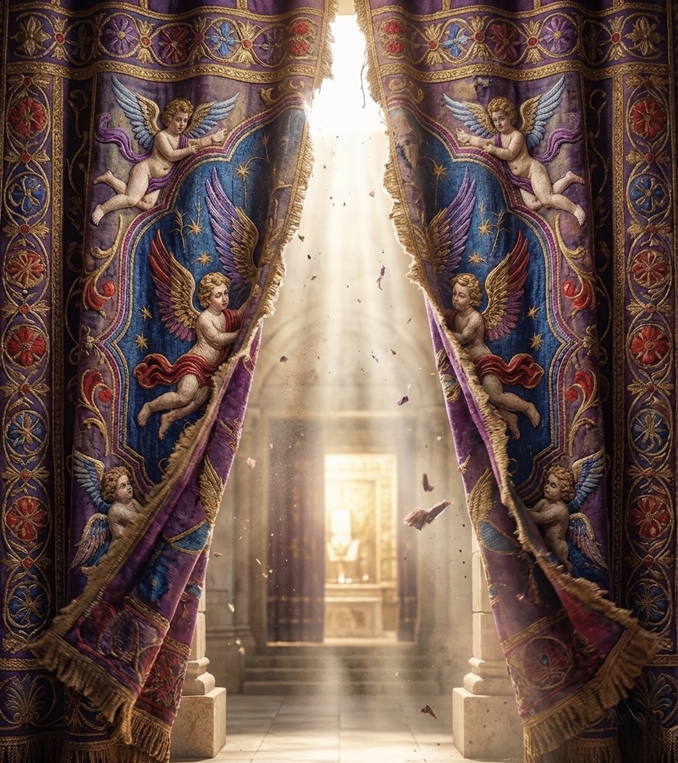 The temple curtain torn in two from top to bottom, divine light streaming through the tear