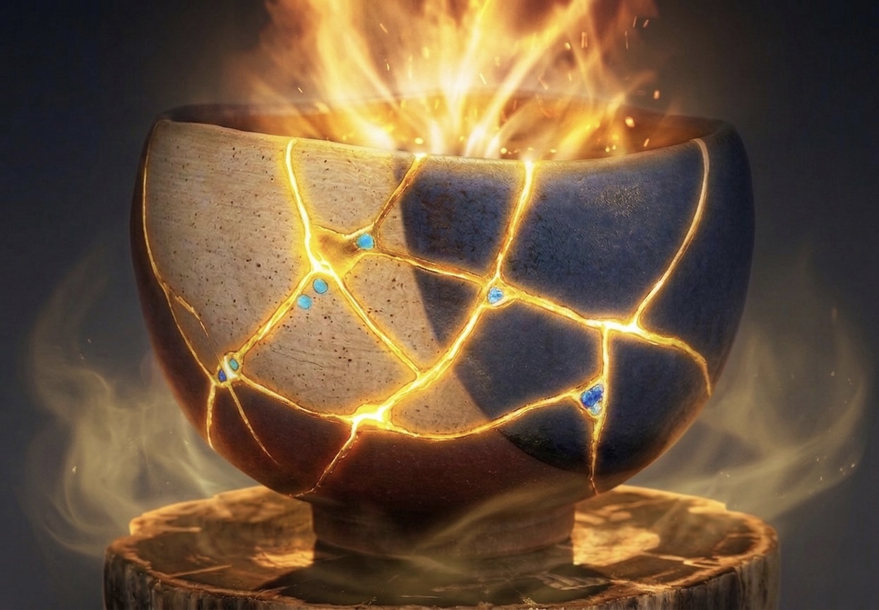 A kintsugi bowl with golden fire blazing through its cracks and emanating from within