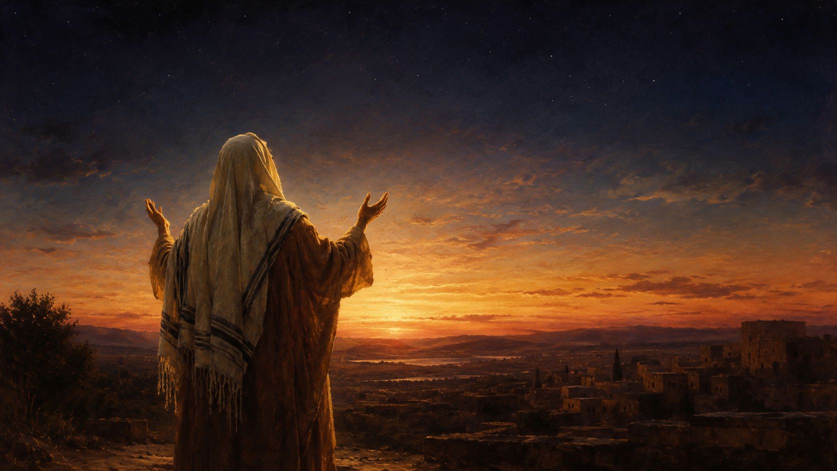 Jesus lifting his eyes in prayer, dawn behind him