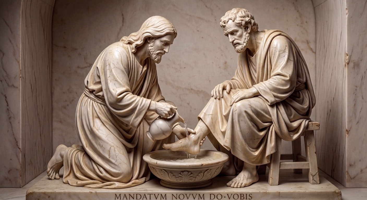A marble relief sculpture in the style of Michelangelo depicting Jesus kneeling to wash a disciple's feet. Jesus pours water from a clay vessel into a basin while the disciple sits on a wooden stool, his expression a mixture of reverence and unease. The Latin inscription along the base reads 'Mandatum Novum Do Vobis' — I give you a new commandment.