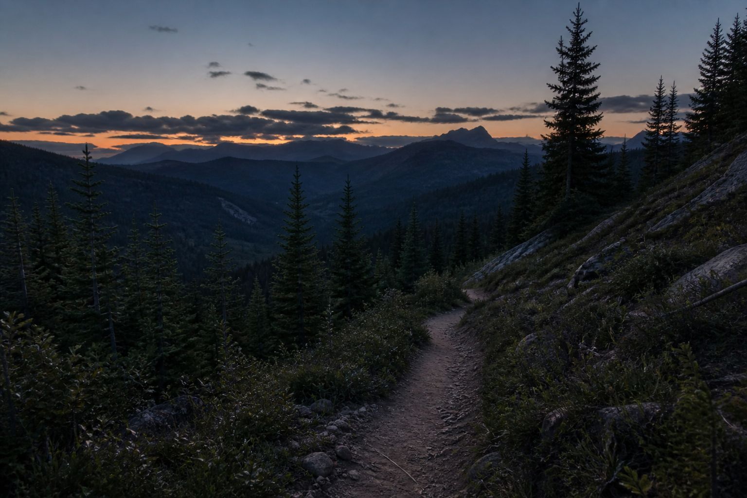 A trail through pine trees at twilight, descending toward distant mountains in the warm gold light