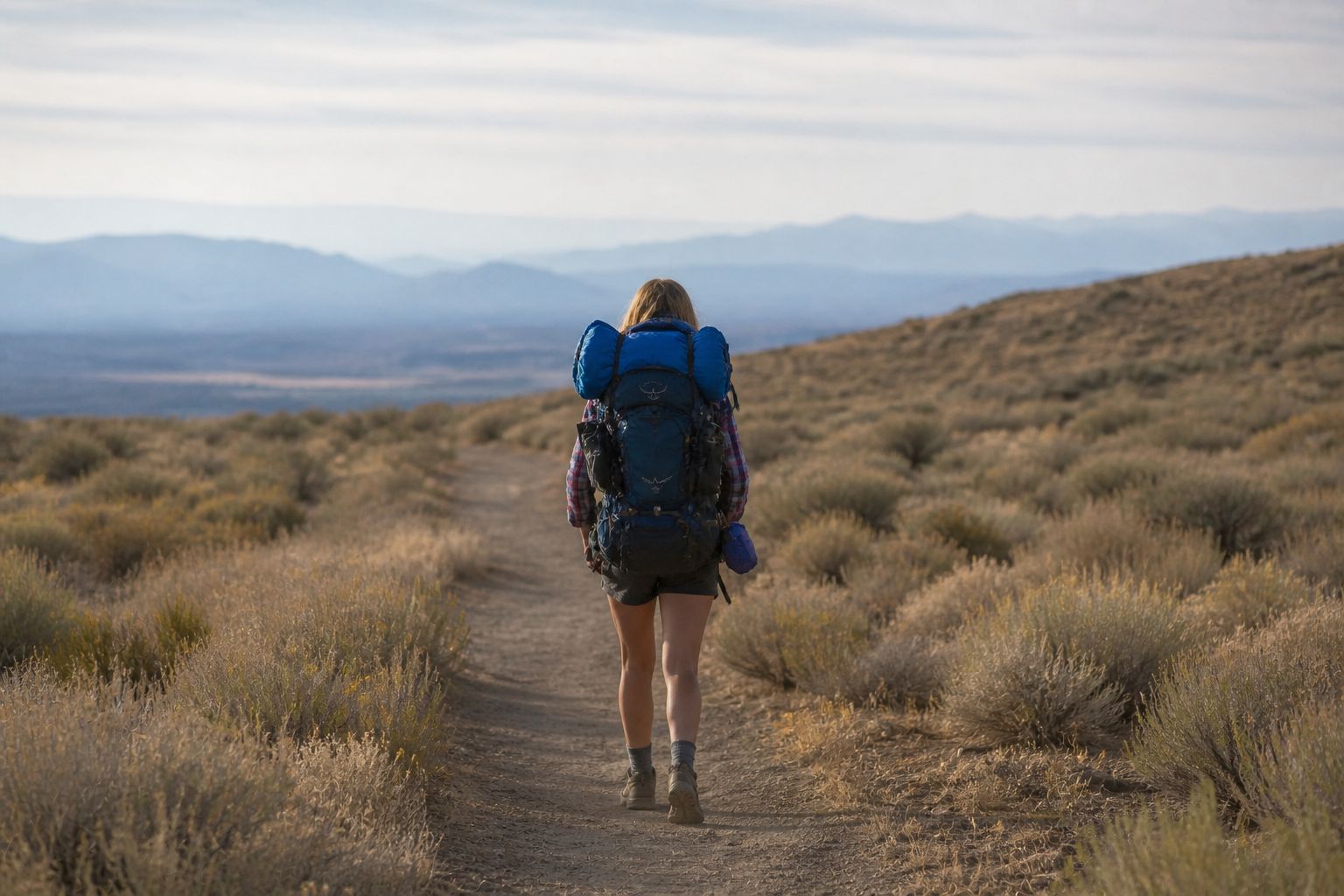 A solitary hiker with a blue backpack walking forward through pale sagebrush toward distant blue mountains