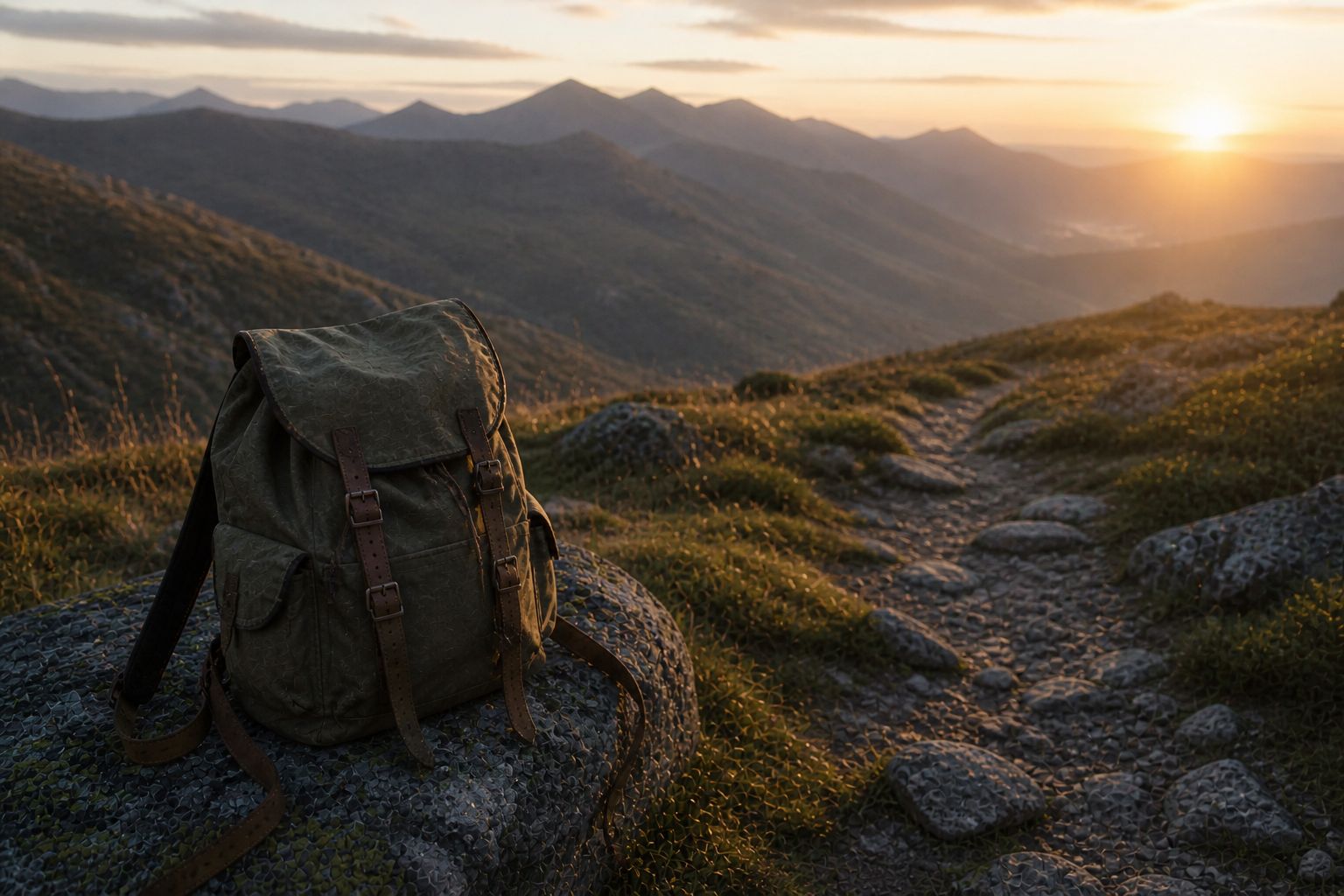 A weathered green backpack resting on a rocky outcrop at sunset, with mountain ridges receding into warm gold light