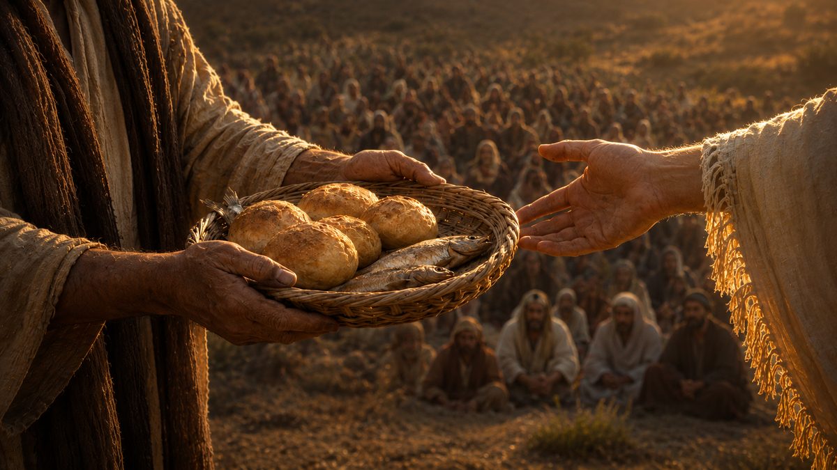 Weathered first-century hands holding out a shallow woven basket of five small barley loaves and two dried fish at dusk, another luminous hand reaching in from the right, the small gap between them at the center of the frame