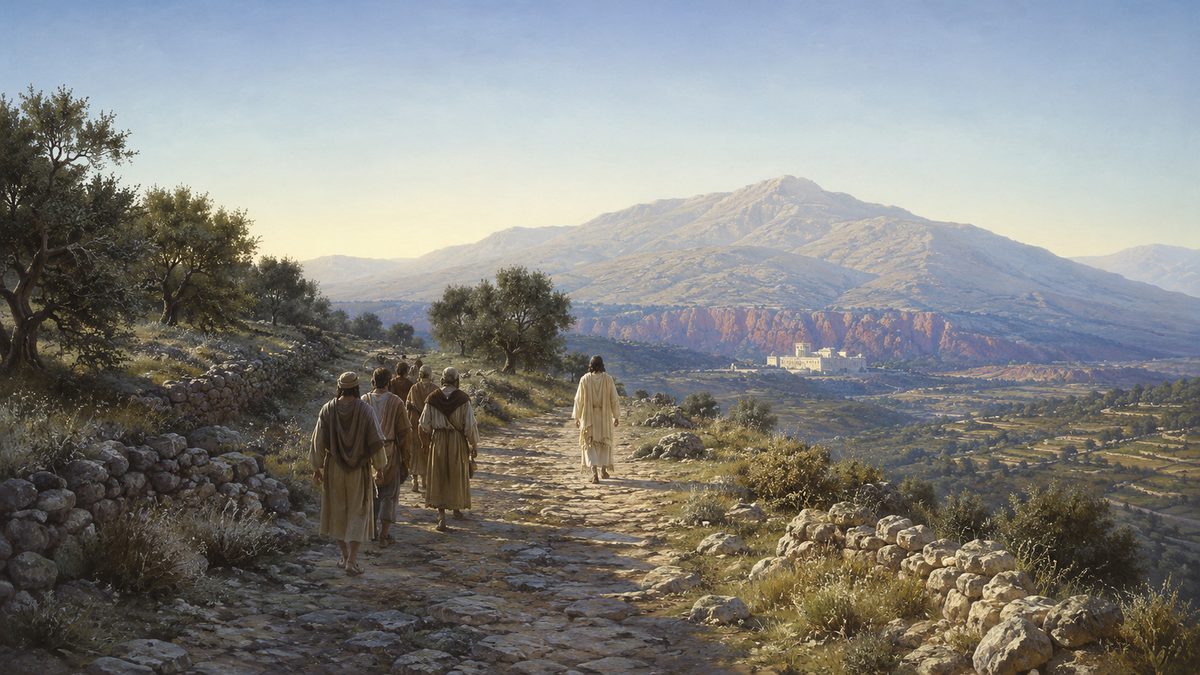 A road climbing north through the foothills toward Caesarea Philippi under a wide morning sky, a small band of travelers ascending toward a distant rust-streaked cliff