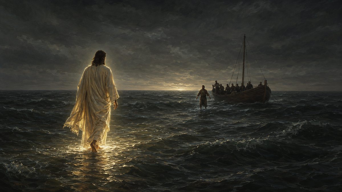 Deep night on the sea, a luminous figure walking on the storm-tossed water as the only source of light, a small faceless man having climbed over the boat&rsquo;s side and taken a few steps toward him amid the waves