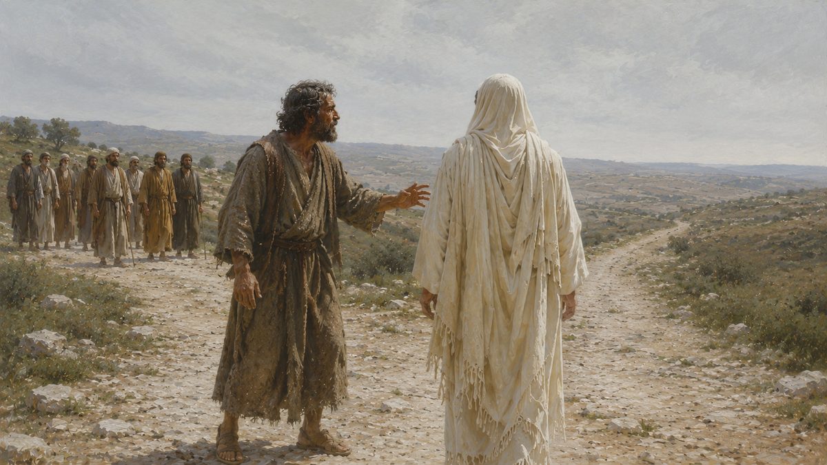 Two figures halted on the road, one turned to face the other, the light hard between them